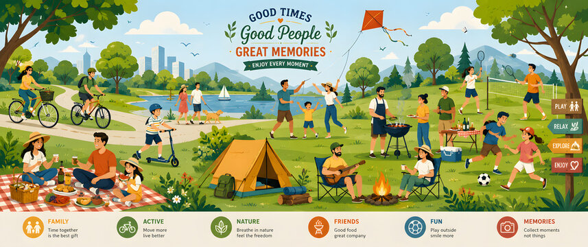Family and friends enjoying outdoor park activities and picnic