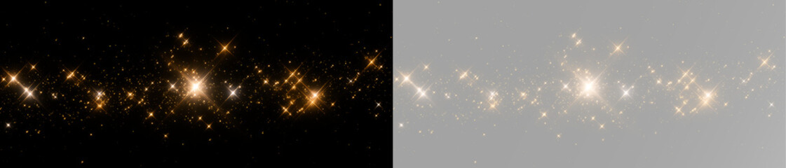 Golden magic dust with bright star sparkles, glowing glitter particles and festive shimmering lights © Hachapuri