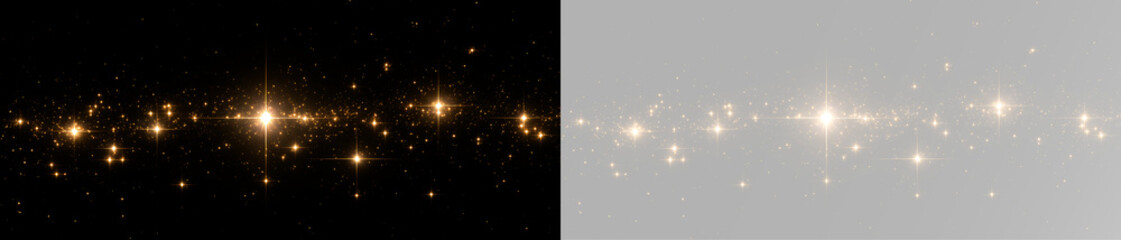Golden magic dust with bright star sparkles, glowing glitter particles and festive shimmering lights © Hachapuri