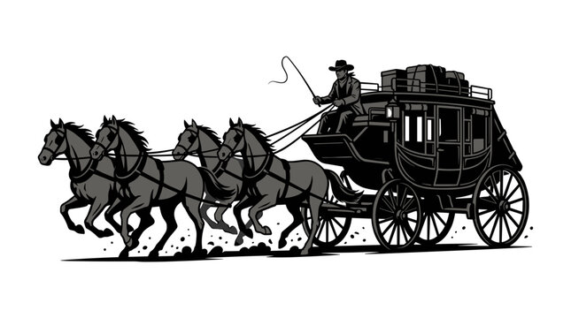 Vintage Wild West Stagecoach Illustration with Four Horses and Cowboy Driver