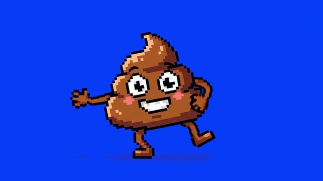 A cute 8-bit pixel art poop character jumping on a solid blue screen background. Ideal for video game keying, retro gaming VFX, funny meme videos, and arcade animation overlays.