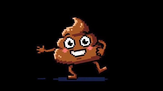 A retro 8-bit pixel art cartoon poop emoji character jumping cheerfully isolated against a solid black backdrop. Great for gaming visuals, meme content, arcade animations, and humor-themed design asse