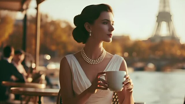 Paris, France, Europe. A portrait of a woman seated at a table in an outdoor cafe, overlooking the Eiffel Tower. She wears a white sleeveless dress with a deep Vneckline and a pearl necklace.