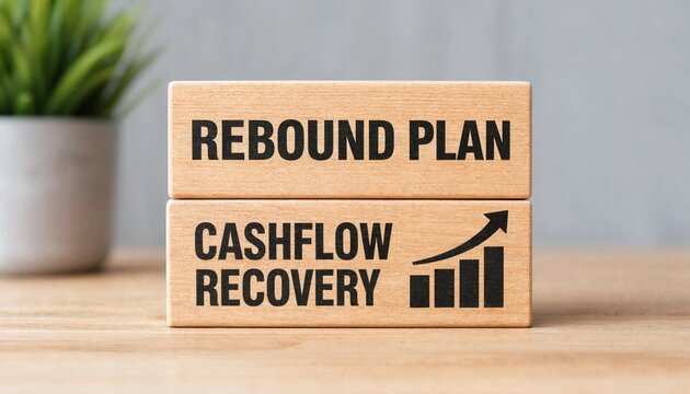 Wooden blocks displaying rebound plan and cash flow recovery concept with upward growth chart illustration