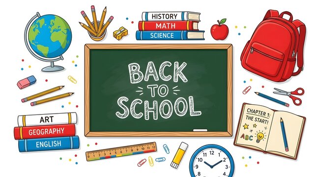 Colorful hand drawn illustration featuring a chalkboard with back to school text surrounded by various school supplies on a white background