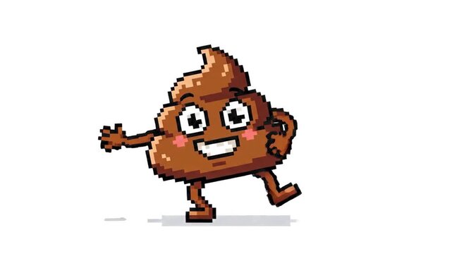 A funny retro pixel art poop emoji character mascot waving and jumping in place, isolated on a clean white background. Great for retro gaming graphics, funny emoji stickers, digital chat assets, and q