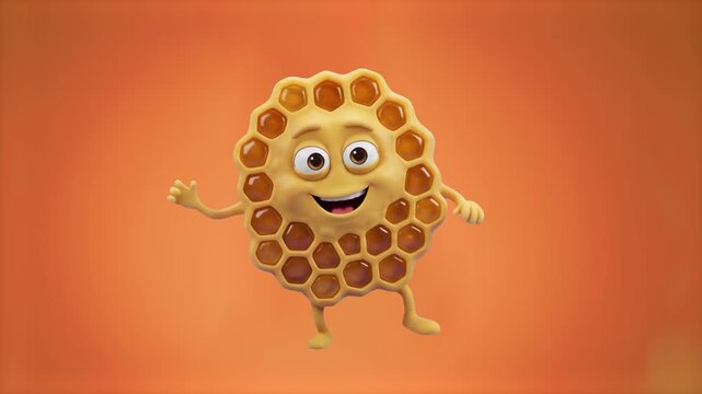 A cheerful 3D cartoon honeycomb mascot filled with liquid honey waving and jumping in place, isolated on a warm orange studio backdrop. Ideal for honey product ads, bee farm branding, sweet food packa