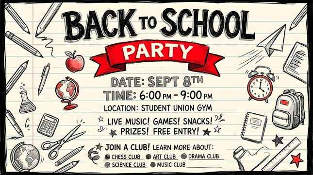 A festive back to school party invitation flyer featuring hand drawn educational supplies and stationery illustrations on a vintage paper background design