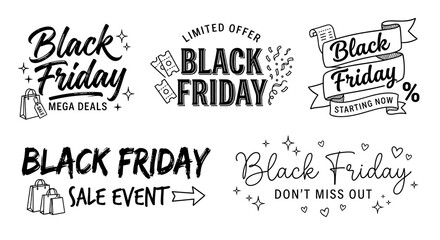 A collection of six hand-drawn Black Friday sale event logos and banners, featuring various typography and doodle elements like shopping bags, stars, and ribbons, promoting discounts and deals. © sulai