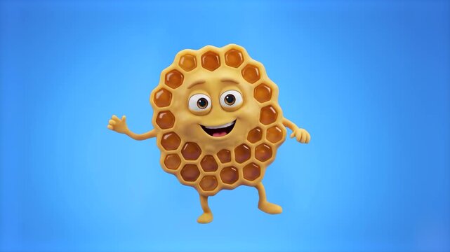 A lively 3D honeycomb character is dancing with a big smile against a solid blue backdrop. Suitable for honey marketing, educational content about bees, food commercials, and creative video projects.