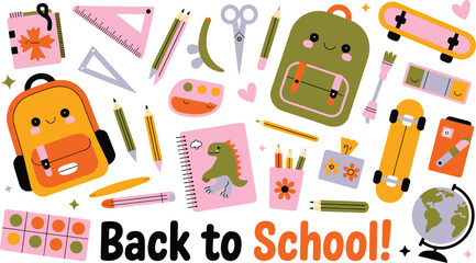 Beetle insect silhoueCute back to school vector set with kawaii backpack notebook