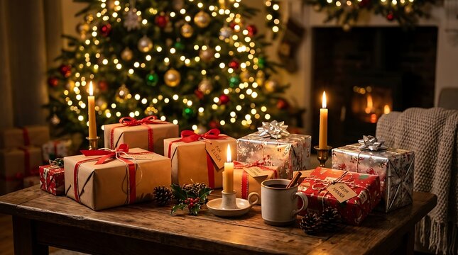 Cozy christmas scene with wrapped gifts, lit candles, and a mug on a rustic wooden table in front of a glowing christmas tree and fireplace