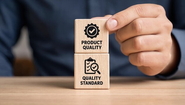 Hand placing wooden block emphasizing product quality and quality standard on a desk workspace
