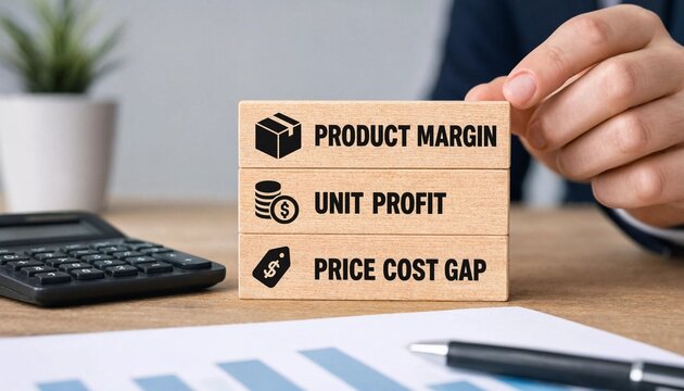 Business professional analyzing product margin unit profit and price cost gap on wooden blocks with calculator and documents