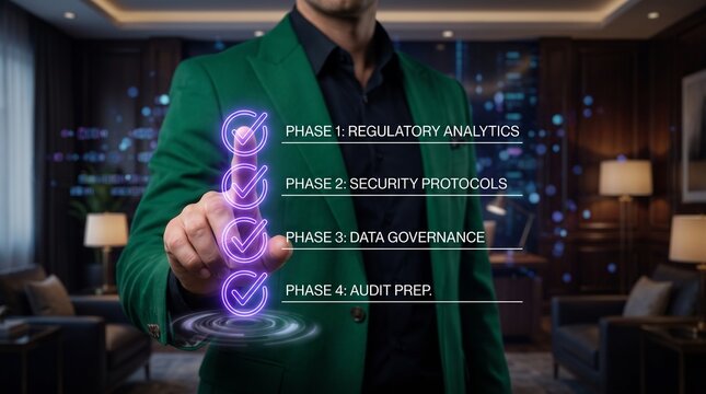 Business professional interacting with a digital holographic checklist of regulatory compliance and data governance phases