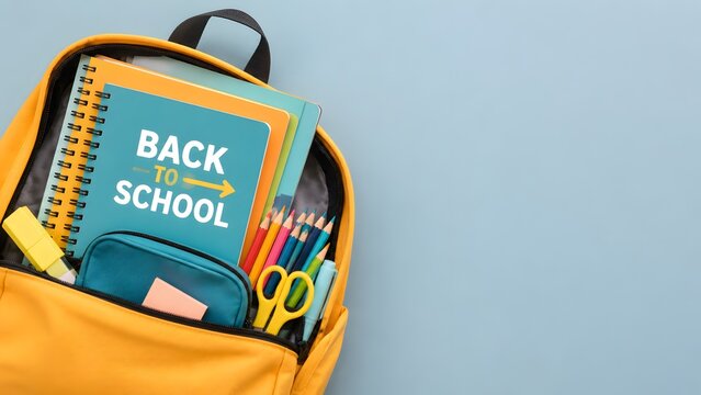 Bright yellow backpack, perfectly packed with colorful notebooks, pencils, and essential school supplies, ready for the exciting "Back to School" season.