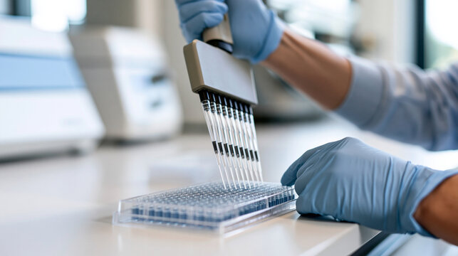 Gloved hands using a multichannel pipette to simultaneously dispense reagent into multiple wells of a 96-well microplate on a white laboratory bench, the multiple pipette tips prec