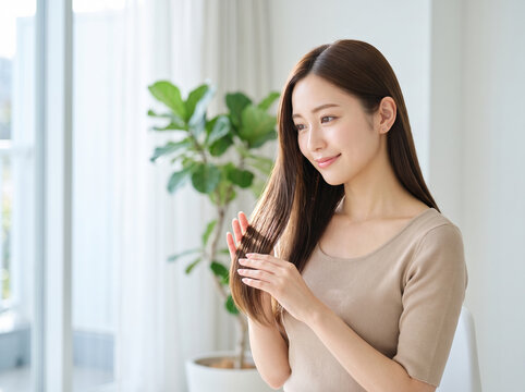 毛先に触れて髪のツヤと指通りを確かめる女性