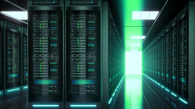 High-tech data center facility showing cloud servers and power monitoring.