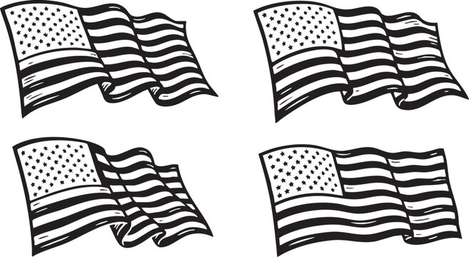 Four hand drawn sketch style american flags waving in a simple pencil art set