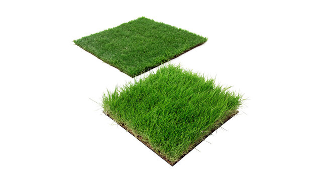 Three isometric green grass field squares turf lawn landscaping textures landscape isolated on transparent background