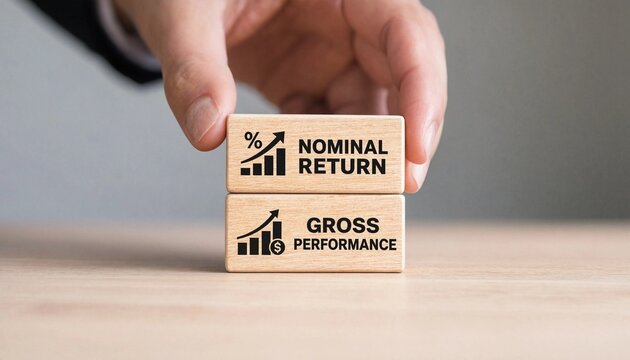 Hand placing wooden blocks illustrating financial terms nominal return and gross performance on a light surface