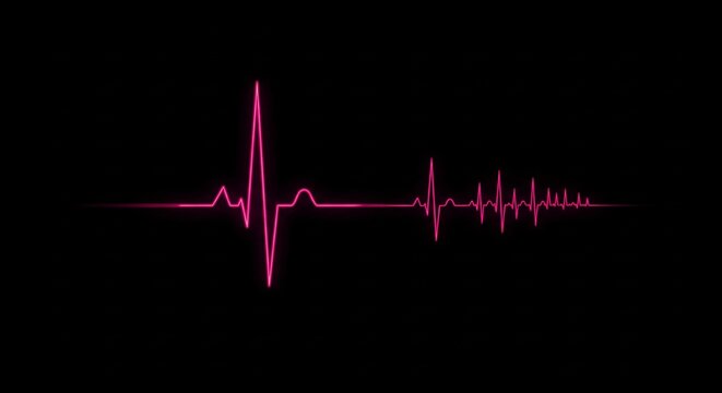 Neon pink electrocardiogram heartbeat line on black background medical