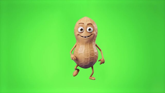 peanut, peanut character, nut mascot, groundnut, dancing, dance, cartoon, 3d character, 3d render, blue background, light blue background, studio backdrop, smiling, happy, cheerful, funny, cute, snack