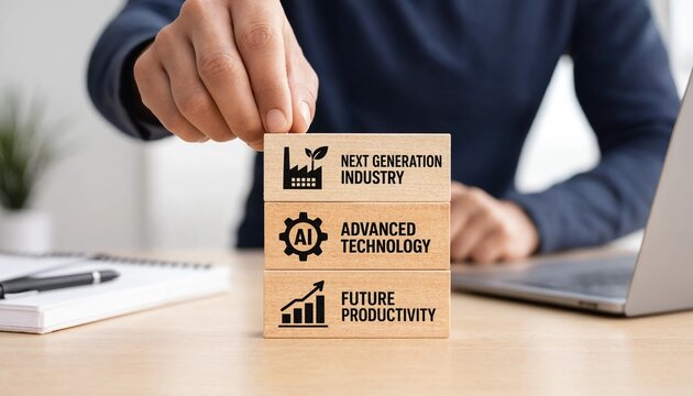 Professional placing wooden block with next generation industry advanced technology and future productivity concepts on desk