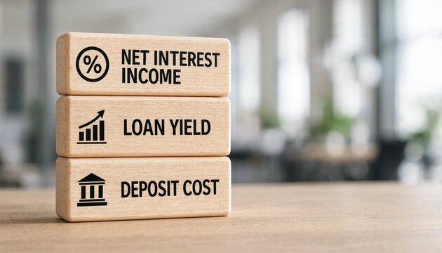 Wooden blocks illustrating key financial metrics net interest income loan yield and deposit cost on a desk