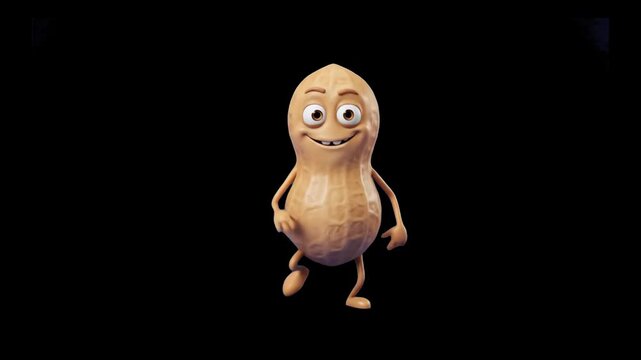 A detailed 3D model of a friendly animated peanut mascot character with a big smile, isolated against a solid dark black studio backdrop. Ideal for snack food packaging promo, nut product branding, ch