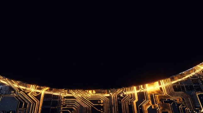 Dark Silicon Microchip Wafer Texture with Glowing Gold Circuitry Pathways
