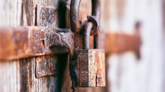 Iron hasp and padlock fastened on aged wooden door, rust texture and soft window light, minimalist industrial heritage