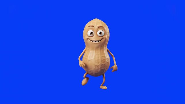 A cheerful 3D peanut character dancing in a playful pose against a solid blue chroma key screen. Perfect for video compositing, snack advertisements, memes, and social media animations.