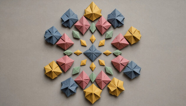 A symmetrical mandala pattern made of small colorful origami pyramids and diamond shapes arranged on a neutral gray background surface
