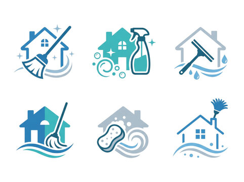 Vector house cleaning service logos set with broom squeegee mop spray bottle and sponge icons