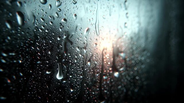 Close-up static shot: Raindrops cling to a window pane, blurring a distant warm light. The scene evokes a moody, tranquil atmosphere.