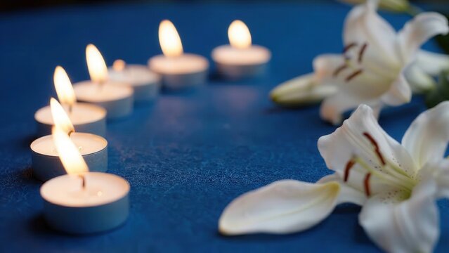 White lilies and tealight candles arranged in a circular pattern on a blue surface, creating a serene and calming atmosphere for relaxation or meditation