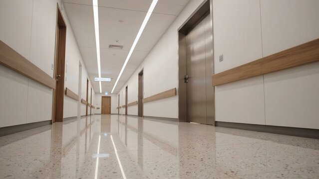 Modern hospital corridor with polished floor and bright lighting, featuring multiple doors and wooden accents, creating a clean and spacious environment