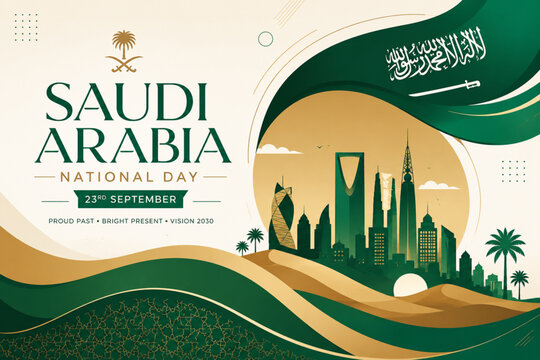 Elegant Saudi Arabia National Day poster with the Saudi flag, Riyadh skyline, and Vision 2030 in premium green and gold design.