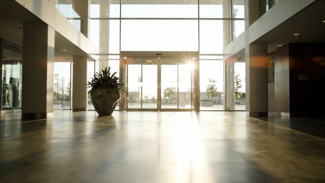 Brightly lit modern lobby with large glass doors and potted plant, sunlight streaming through, creating reflections on polished floor surface in urban setting