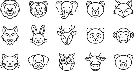 Set of cute hand drawn animal faces including lion tiger elephant bear fox wolf rabbit deer panda monkey cat dog owl © Nusrat