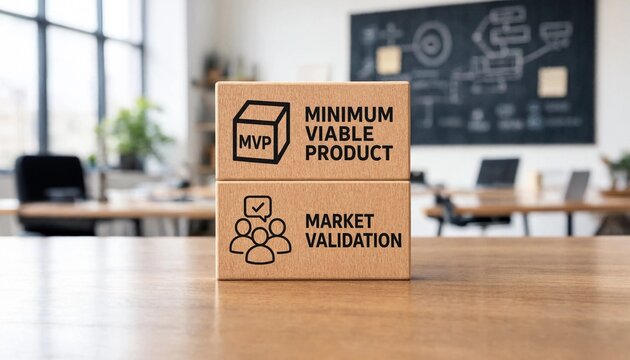 Conceptual illustration showing minimum viable product and market validation in an office workspace setting