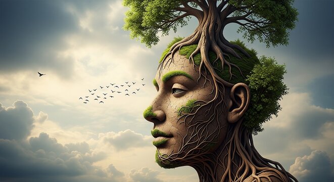 Surreal surrealism of a human head with tree roots growing from it in a cloudy sky