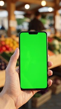 Person Holding a Smartphone with Green Screen Background at a Local Farmers Market During Labor Day Weekend Sale