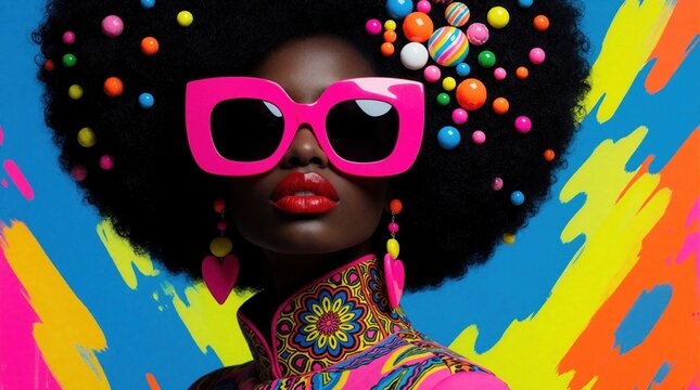 Portrait of young black woman with afro hair style. Model wears pink oversized sunglasses, colorful heart earrings. Artistic pop art design features neon makeup plus vibrant paint splash background.
