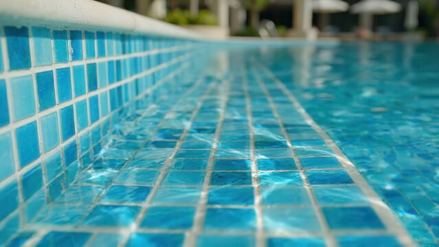 Close-up view of shimmering blue water reflecting sunlight on tiled pool surface with vibrant mosaic patterns and blurred background of poolside umbrellas and greenery