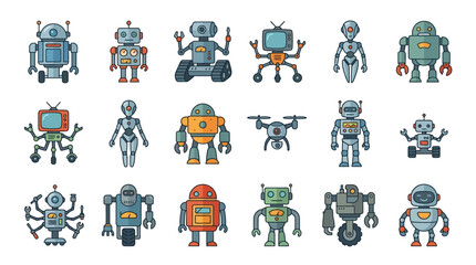 Fototapeta premium Set of cute character robot and droid icons.