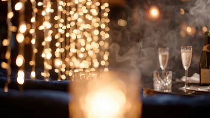 Fototapeta premium Elegant table setting with sparkling champagne flutes and glowing fairy lights in a cozy restaurant atmosphere, creating a warm and inviting ambiance for celebrations