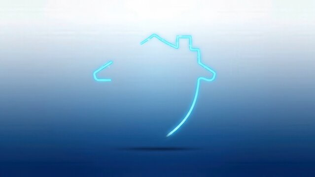 Animated sequence of glowing blue house outline transforming into a shield shape, then solidifying back into a house icon against a gradient blue background